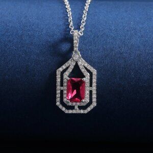 🌸 Double Layer Hollow Ruby Radiant Cut Red Zircon Micro Pave Necklace, EVGG1067